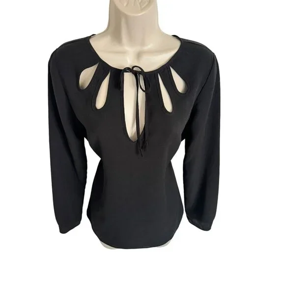 Zara Basic Black Medium Cut Out Blouse with Tie Neck Long Sleeve NWOT - Picture 5 of 10